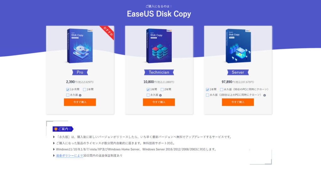 EaseUS Disk Copyの各エディションの違い
